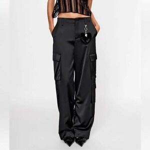 Zara Women's Black Satin Cargo High Waist Wide Leg Pants XS